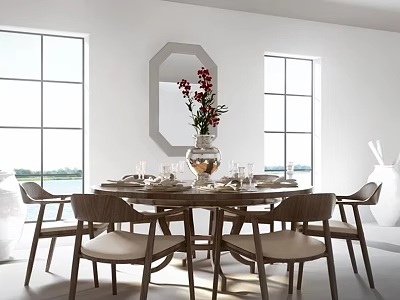 Modern Dining Table Set With Wooden Chairs Decorative Vase And Tableware By Windows 3d model