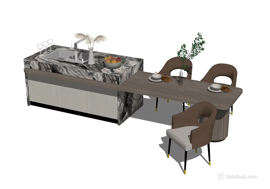 Modern Dining Table Set With Marble Countertop And Upholstered Dining Chairs 3d model 