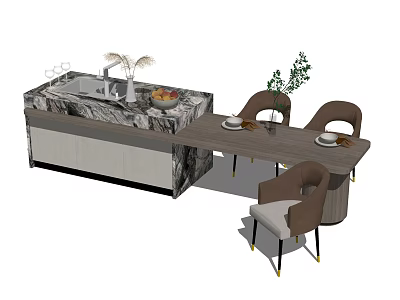 Modern Dining Table Set With Marble Countertop And Upholstered Dining Chairs 3d model