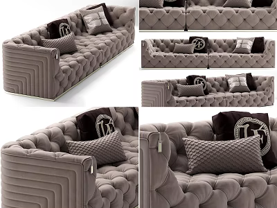 Gray Tufted Velvet Sectional Sofa With Decorative Pillows And Metal Legs 3d model