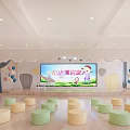 Bright Kindergarten Interior With White Chairs Colorful Round Stools Wooden Wall Decorations And Windows