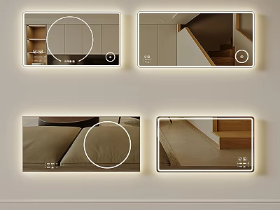 Modern Illuminated Mirrors with Kitchen Bedroom Staircase Reflections and Sleek Frames 3d model