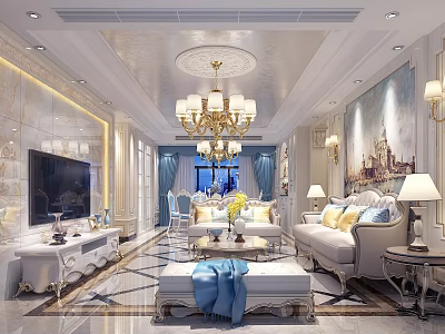 Luxurious Living Room TV Stand Design With White Ornate Frame Chandelier And Sofa 3d model