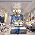 Luxurious Living Room TV Stand Design With White Ornate Frame Chandelier And Sofa