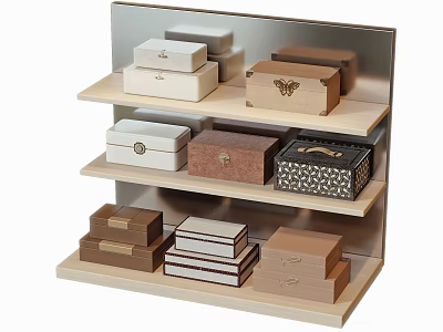 Decorative Ornament Set With Multi Tiered Wooden Display Shelf And Various Designed Boxes 3d model