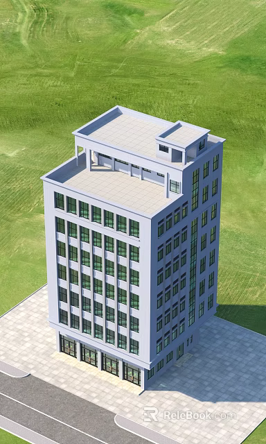 Multi story Modern Office Building With Large Windows Light Colored Exterior And Green Grass Surroundings 3d model 