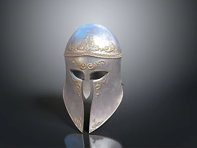 Ancient Medieval Weapon Silver Helmet With Golden Ornate Engravings And Metallic Finish 3d model