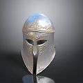 Ancient Medieval Weapon Silver Helmet With Golden Ornate Engravings And Metallic Finish