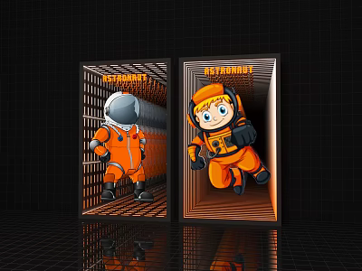 Restroom Mirror Showing Astronaut And Cartoon Character In Orange Outfits On Black Grid Background 3d model