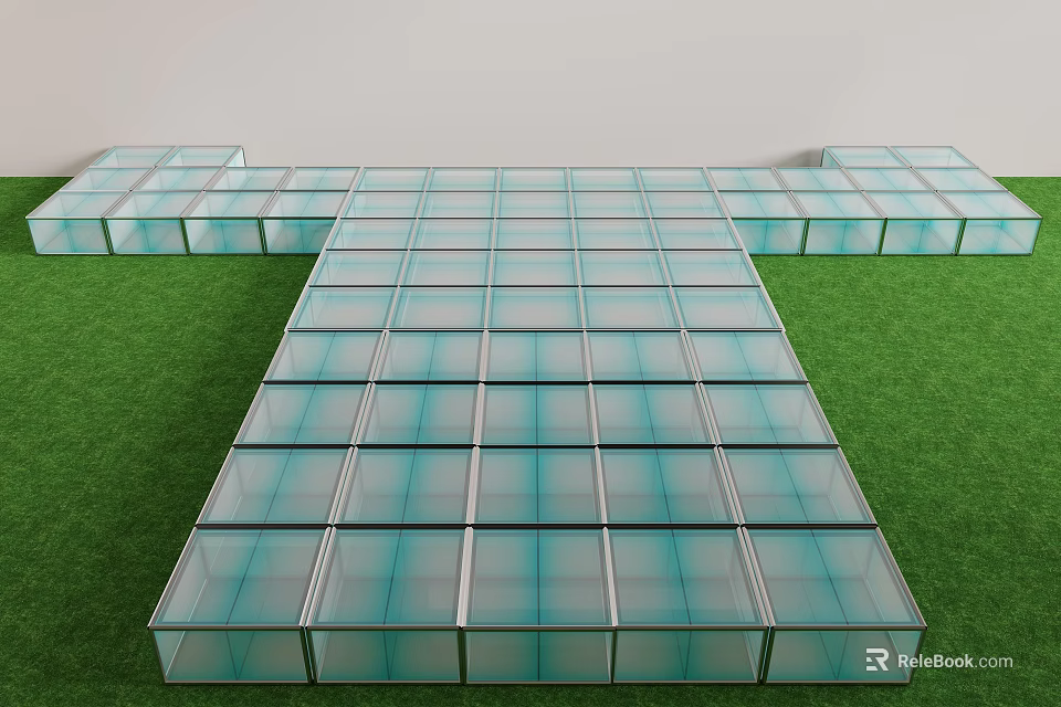 Transparent Glass Floor Structure on Green Grass Lawn with Metal Frame and Neatly Arranged Panels 3d model 