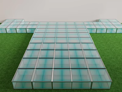 Transparent Glass Floor Structure on Green Grass Lawn with Metal Frame and Neatly Arranged Panels 3d model