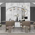 Modern Dining Table Set with Upholstered Chairs Arched Pendant Light Decorative Painting and Area Rug