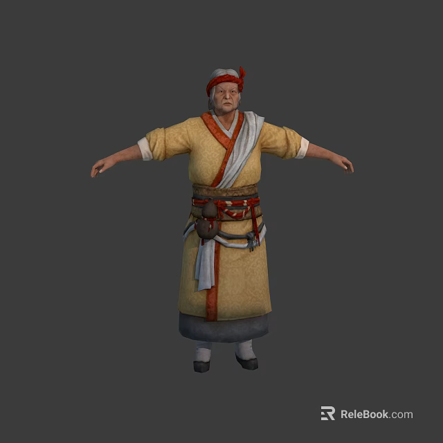 Elderly Character in Yellow Robe with Red Headscarf White Sash and Decorative Belt 3d model 