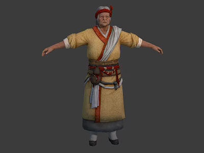Elderly Character in Yellow Robe with Red Headscarf White Sash and Decorative Belt 3d model