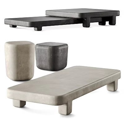 Rectangular Gray Concrete Coffee Table With Cube And Cylindrical Side Stools 3d model