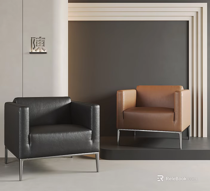 Modern Single Sofa With Black And Brown Leather Upholstery And Metal Legs 3d model 