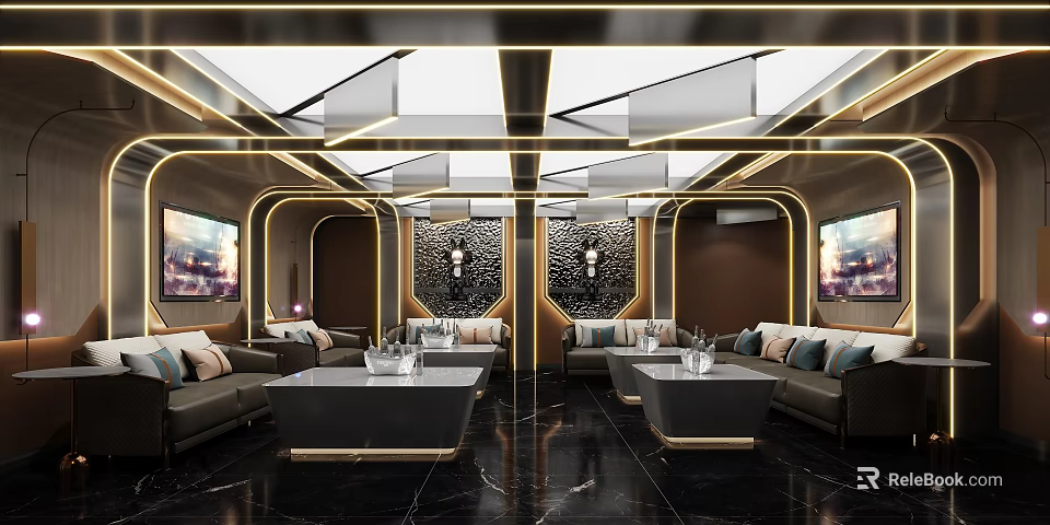 Luxury Modern KTV Space With Sofas Coffee Tables And Lights 3d model
