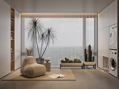 Modern Home Balcony Interior With Beige Armchair Palm Trees Cactus Vertical Blinds And Washing Machine 3d model