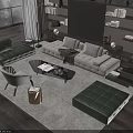 Modern Green and Beige Sofa Coffee Table Set with Rug Armchair and Bookshelves