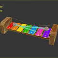Colorful Wooden Xylophone with Multicolored Keys and Red Mallets on Dark Glossy Surface
