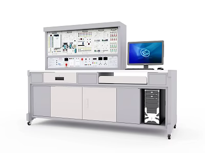 Educational Lab Workstation with Control Panel Computer Monitor and Storage Cabinets 3d model