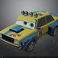 Cartoon Style Yellow And Blue Race Car With Roof Lights Big Eyes And Number 46
