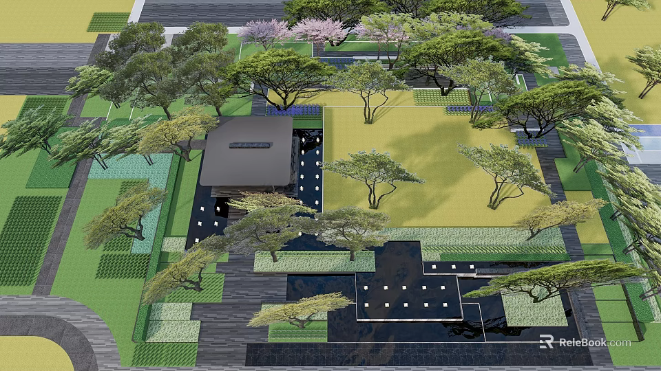 Residential Landscape Design With Lush Trees Green Lawn And Stone Paths 3d model 