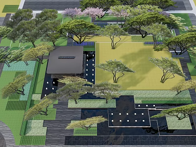 Residential Landscape Design With Lush Trees Green Lawn And Stone Paths 3d model