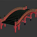 Red Japanese Style Arch Bridge With Black Deck Railing And Decorative Posts
