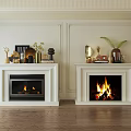 Two Black And Burning Fireplaces With Decorative Mantels Against White Paneled Walls Dark Columns