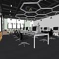 Modern Public Office Space With Hexagonal Ceiling Lights Computer Workstations And Open Layout 3d model
