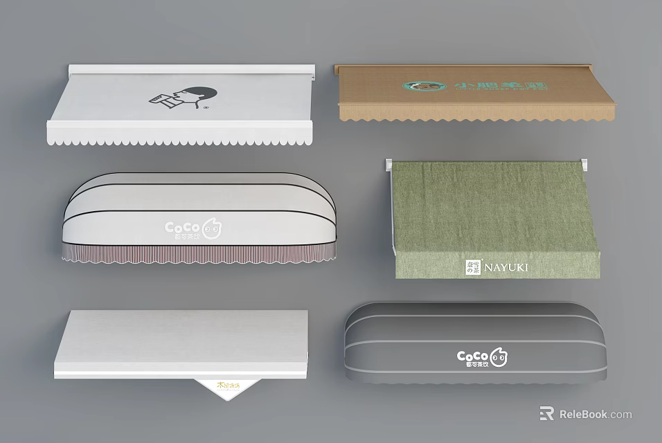 Various Stylish Awnings With Curved Flat Designs Different Colors And Open Brand 3d model 