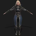 Blonde Woman In Ornate Black And Gold Metallic Armor With Arms Outstretched