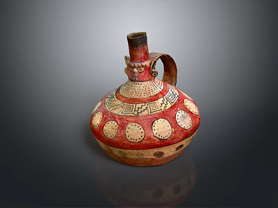 Ancient Ceramic Vessel Sculpture Featuring Red Body Gold Circular and Geometric Carvings 3d model