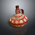 Ancient Ceramic Vessel Sculpture Featuring Red Body Gold Circular and Geometric Carvings