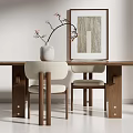 Modern Wooden Dining Table Set With Two Chairs White Ceramic Vase And Wall Art
