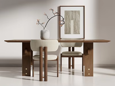 Modern Wooden Dining Table Set With Two Chairs White Ceramic Vase And Wall Art 3d model