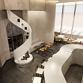 Modern Café Interior Design With Spiral Staircase Large Windows And Seating Area