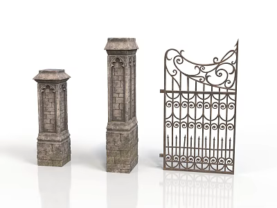 Architectural Elements Featuring Decorative Stone Pillars And Intricate Wrought Iron Gate 3d model