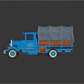 Blue Vintage Truck With Gray Canvas Cover Red Side Panels And White Rimmed Wheels