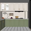 Modern Kitchen With Green Cabinets Countertop Black And White Checkered Floor Wall Mounted Rack