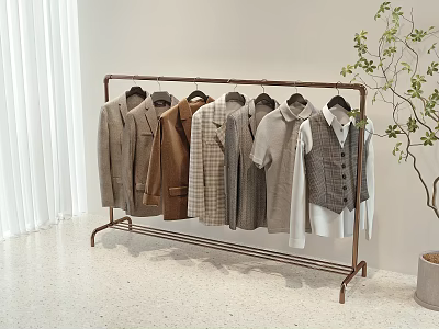 Stylish Neutral Tones Clothing Items On Metal Rack In Minimalist Room With Plant 3d model