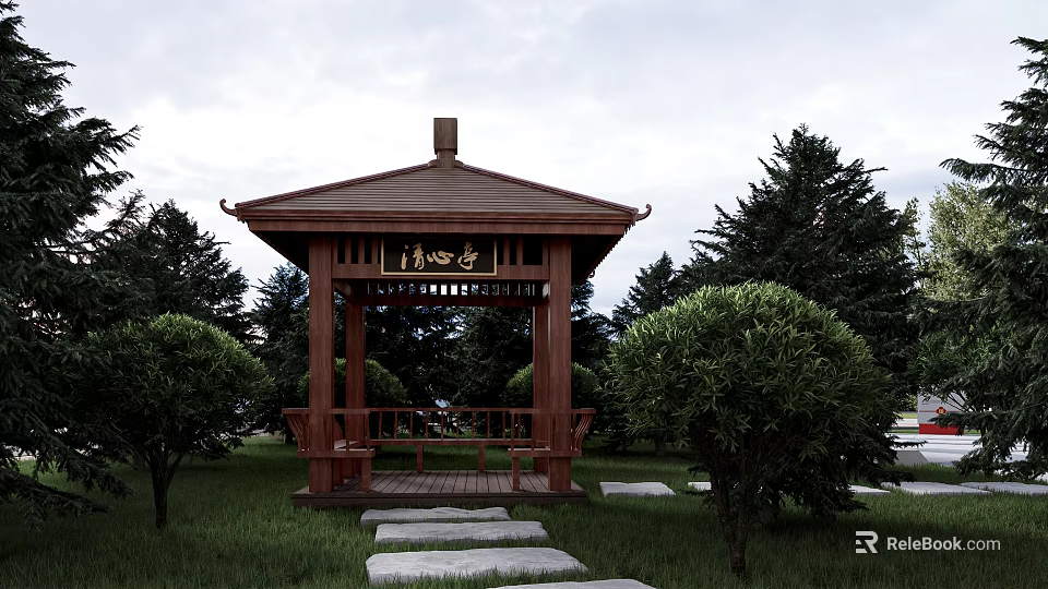 Traditional Wooden Pavilion with Stone Path and Green Lawn Among Trees 3d model 