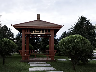 Traditional Wooden Pavilion with Stone Path and Green Lawn Among Trees 3d model