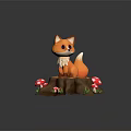 Cute Cartoon Fox Sitting On Tree Stump With Red Mushrooms And Green Grass
