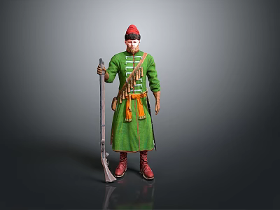 A Man In Red Hat And Green Traditional Attire Holding Long Rifle With Arrow Quiver 3d model