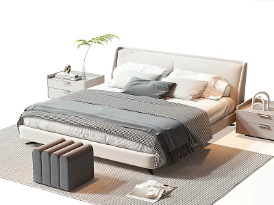 Modern Double Bed Interior With Upholstered Headboard Pillows Blanket And Nightstand Plant Stool Rug 3d model