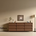 Poliform Wooden Console Cabinet With Decorative Items Floor Lamp Potted Plant And Wall Art