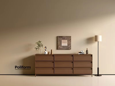 Poliform Wooden Console Cabinet With Decorative Items Floor Lamp Potted Plant And Wall Art 3d model