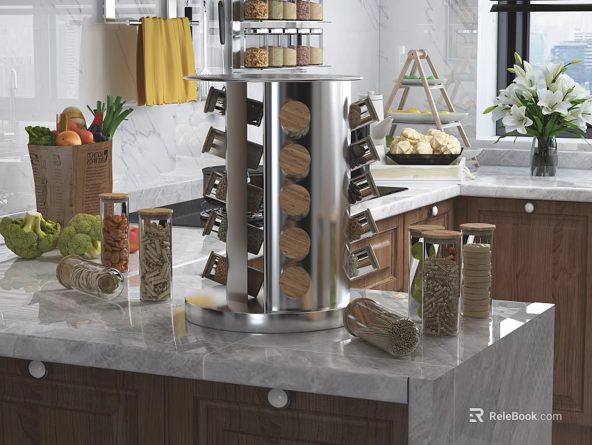 Stainless Steel Rotating Spice Rack With Glass Bottles On Marble Kitchen Counter 3d model 